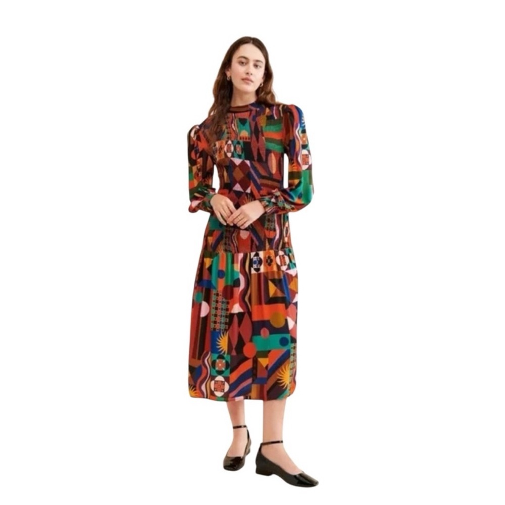 FARM Rio Colorful Geometric Bishop Sleeve Mock Neck Midi Dress